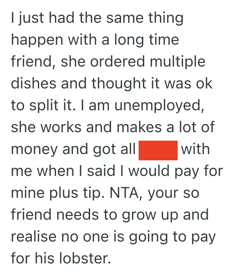 Screenshot 2025 03 18 at 9.16.33 AM Friends Go Out To Dinner At A Seafood Restaurant, But One Friend Expects An Even Split Even Though His Meal Cost Much More